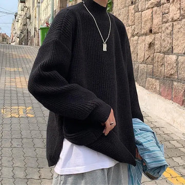 Man Clothes Plain Black Knitted Sweaters for Men Pullovers Designer Luxury Solid Color Collared Y2k Vintage Thick Winter Jumpers